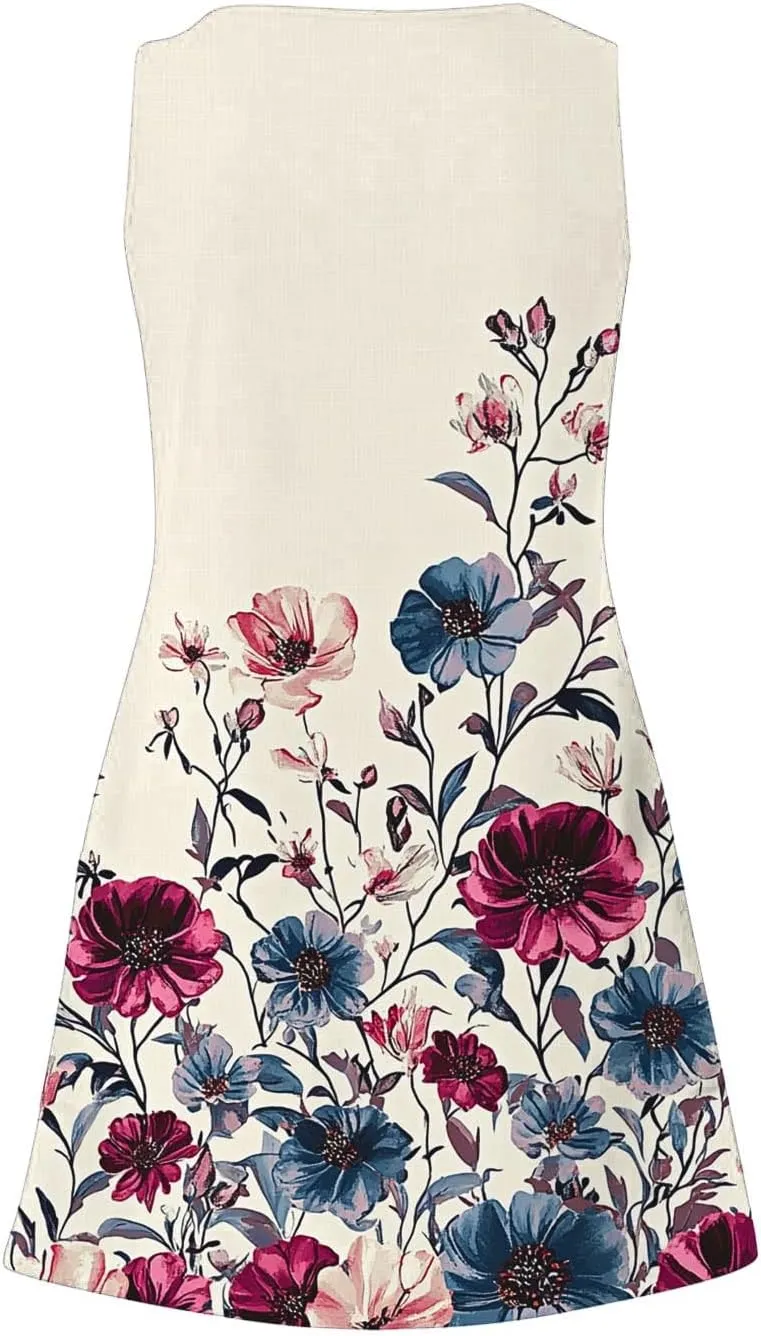 Finelylove Womens Summer Dresses 2025 V Neck Sleeveless Sundress Boho Floral Mini Dress Swimsuit Coverup 2025 Beach Vacation