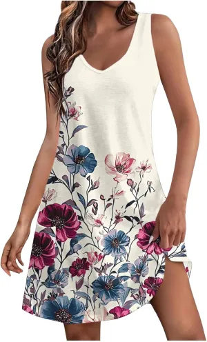 Finelylove Womens Summer Dresses 2025 V Neck Sleeveless Sundress Boho Floral Mini Dress Swimsuit Coverup 2025 Beach Vacation