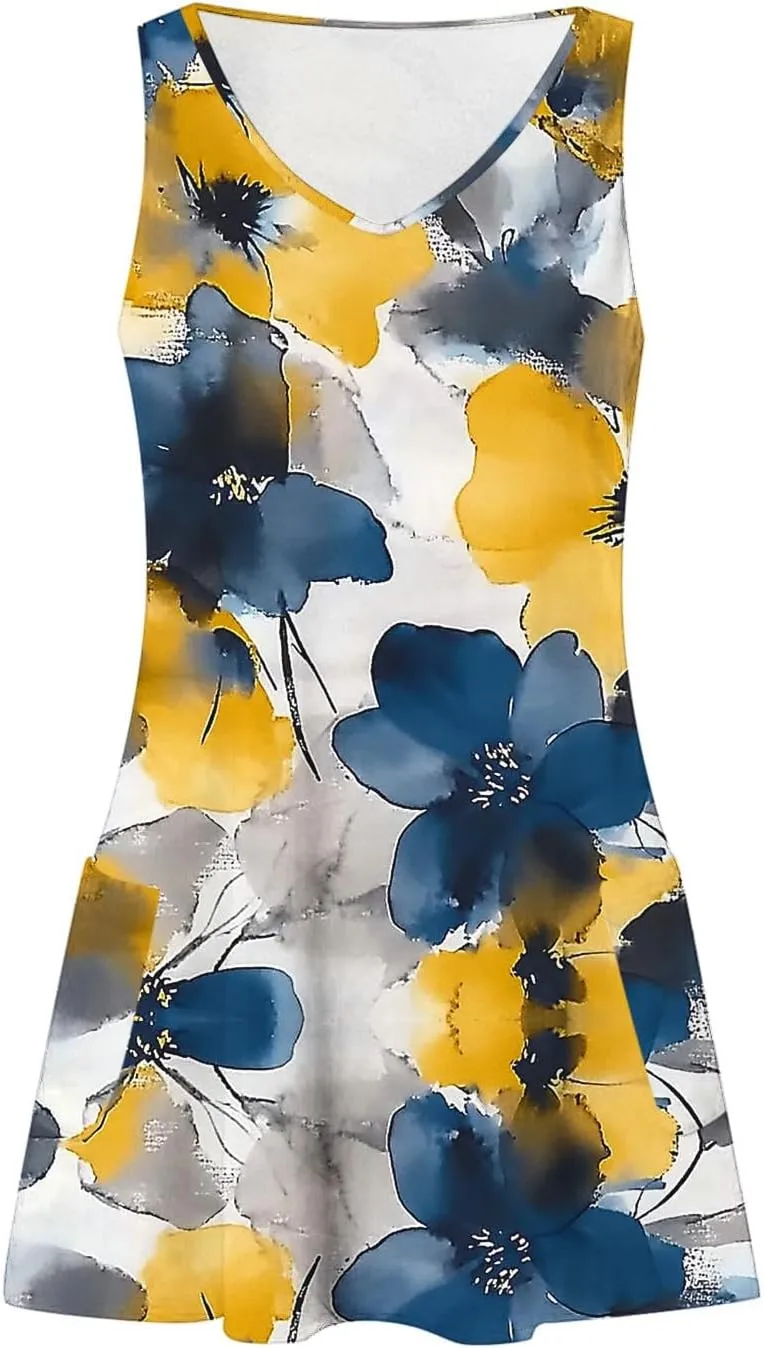Finelylove Womens Summer Dresses 2025 V Neck Sleeveless Sundress Boho Floral Mini Dress Swimsuit Coverup 2025 Beach Vacation