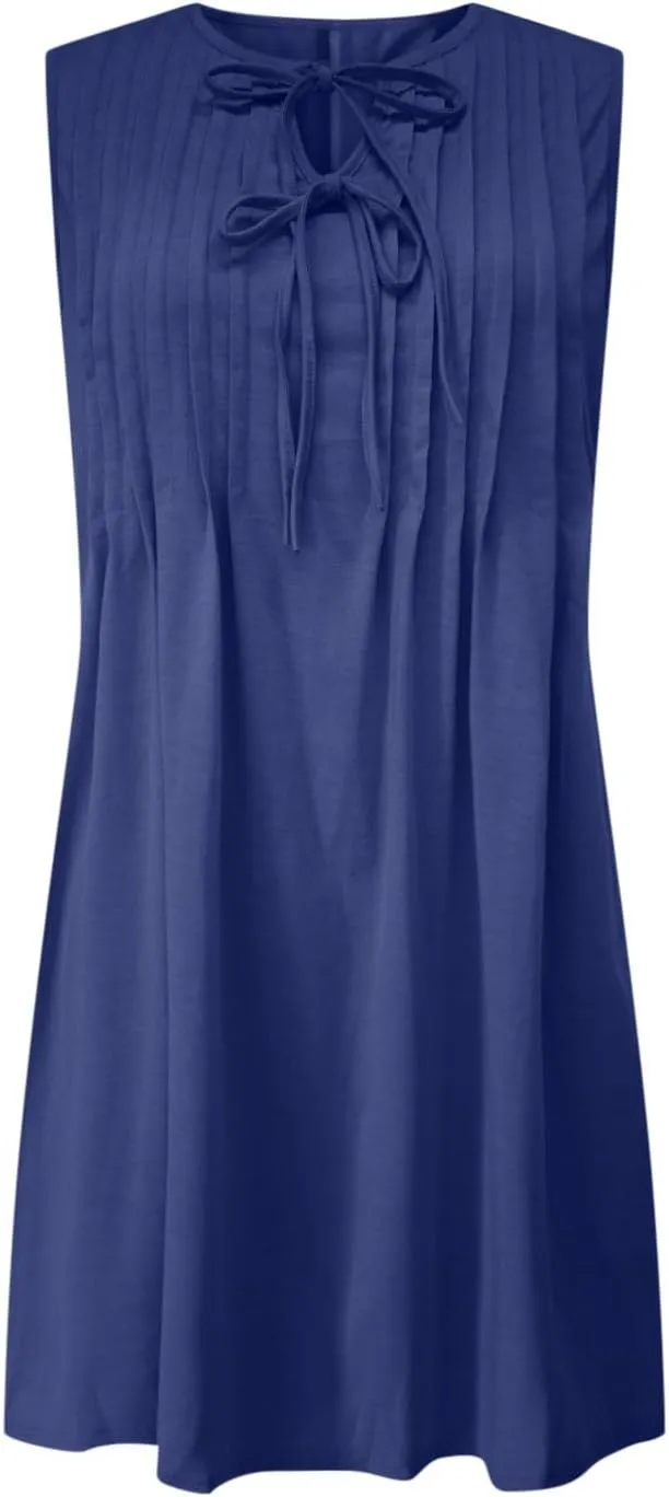 Finelylove Womens Summer Dresses Sleeveless Keyhole Ruched Sundresses Ruffle Flowy A Line Mini Beach Dress with Pockets