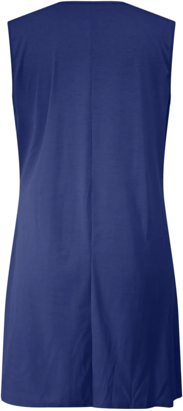 Finelylove Womens Summer Dresses Sleeveless Keyhole Ruched Sundresses Ruffle Flowy A Line Mini Beach Dress with Pockets
