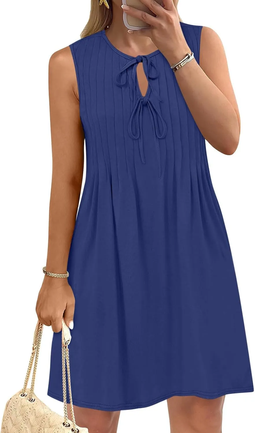Finelylove Womens Summer Dresses Sleeveless Keyhole Ruched Sundresses Ruffle Flowy A Line Mini Beach Dress with Pockets