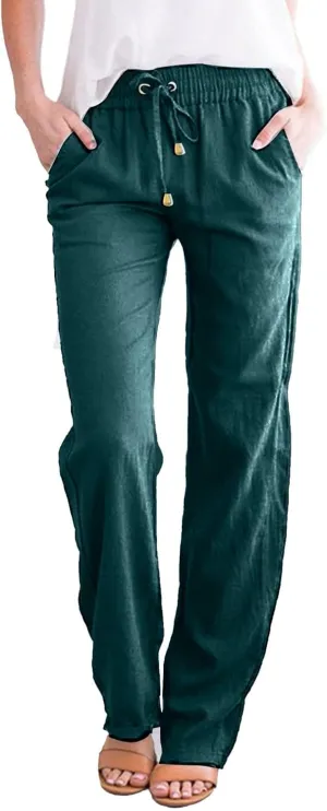 Flowy Pants for Women Elastic Waist Wide Leg Trousers Lightweight Linen Blend Casual Summer Beachwear