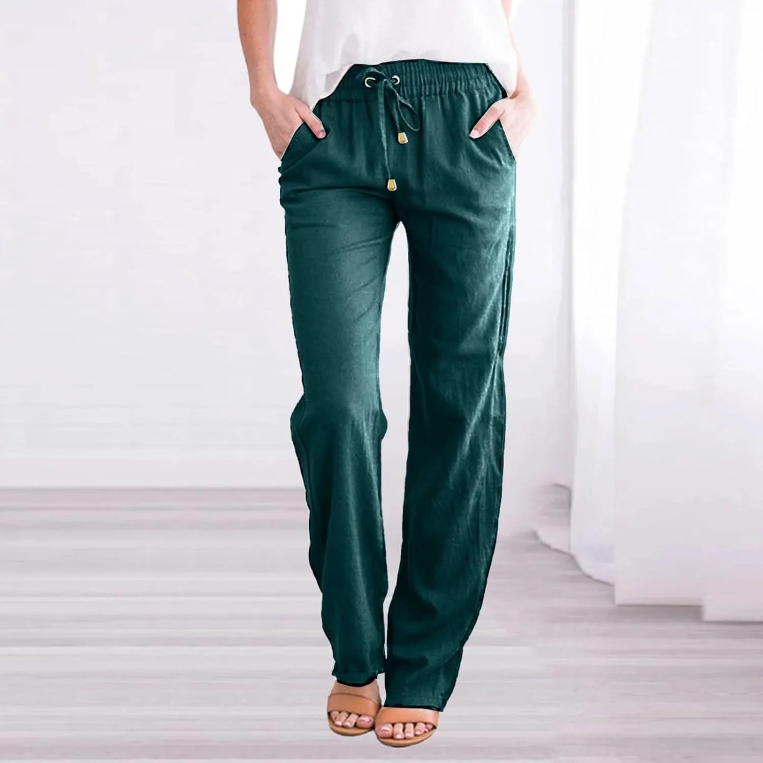 Flowy Pants for Women Elastic Waist Wide Leg Trousers Lightweight Linen Blend Casual Summer Beachwear