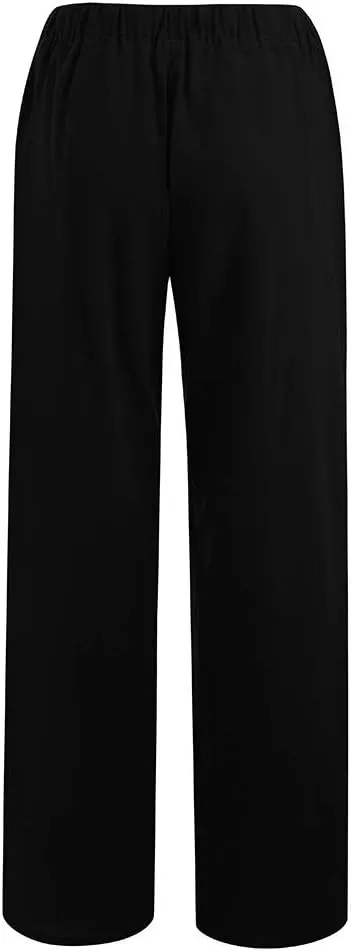 Flowy Pants for Women Elastic Waist Wide Leg Trousers Pants Lightweight Linen Blend Casual Summer Beachwear