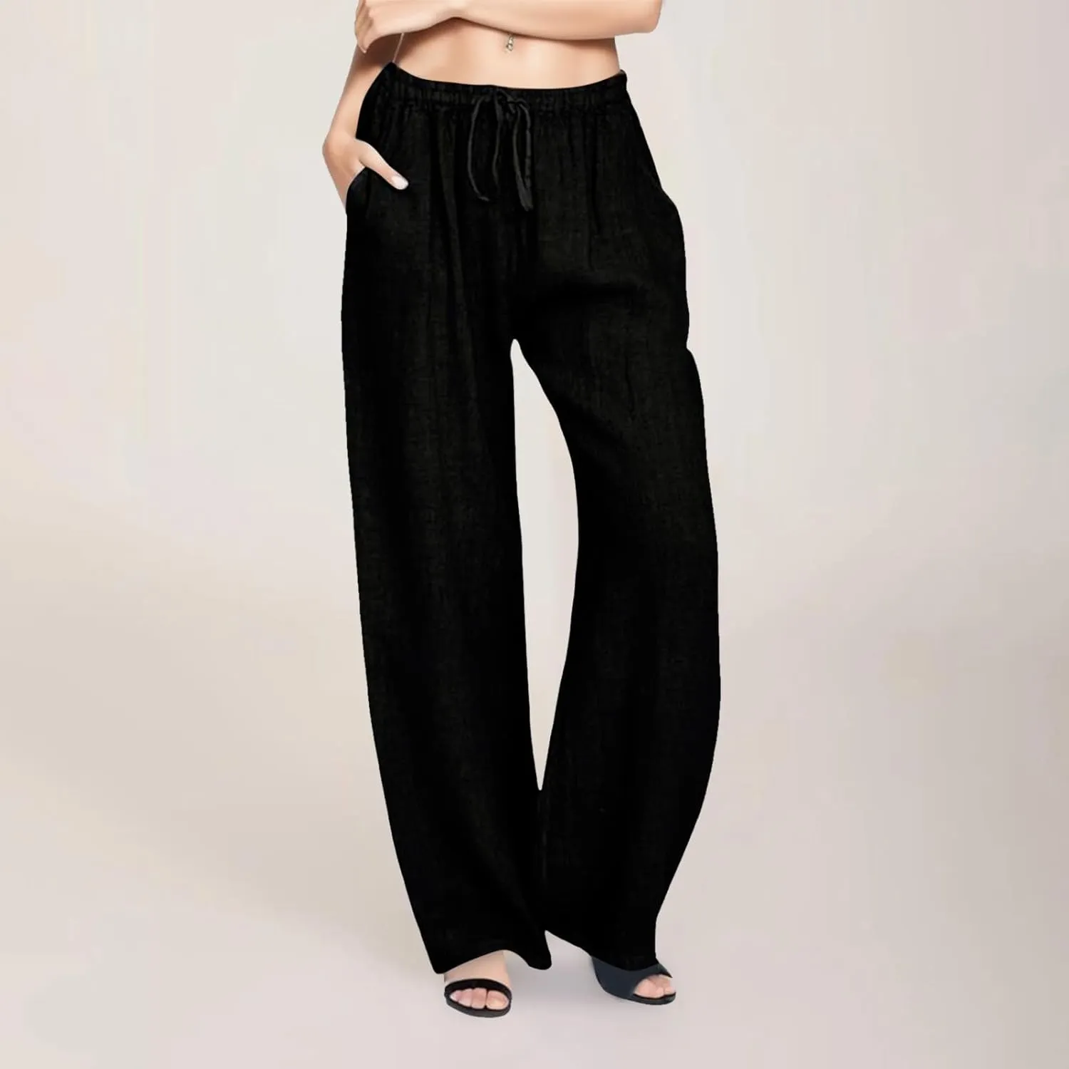 Flowy Pants for Women Elastic Waist Wide Leg Trousers Pants Lightweight Linen Blend Casual Summer Beachwear