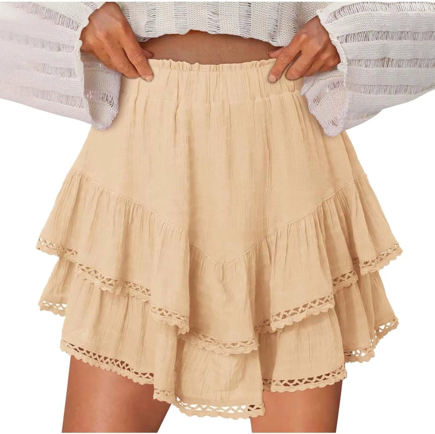 Flowy Shorts for Women Casual 2025 Boho Ruffle Tiered Skorts Elastic High Waisted Cute Mini Skirts Golf Tennis Shorts