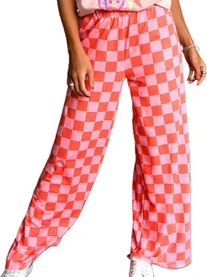 FOMOYUU Womens Gingham Wide Leg Pants Trendy Elastic High Waist Loose Checkerboard Trousers Casual Bottoms Loungewear