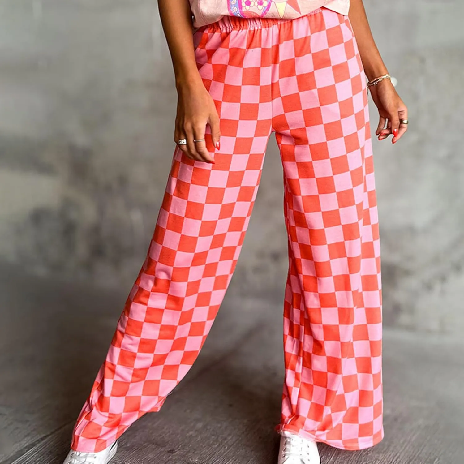 FOMOYUU Womens Gingham Wide Leg Pants Trendy Elastic High Waist Loose Checkerboard Trousers Casual Bottoms Loungewear