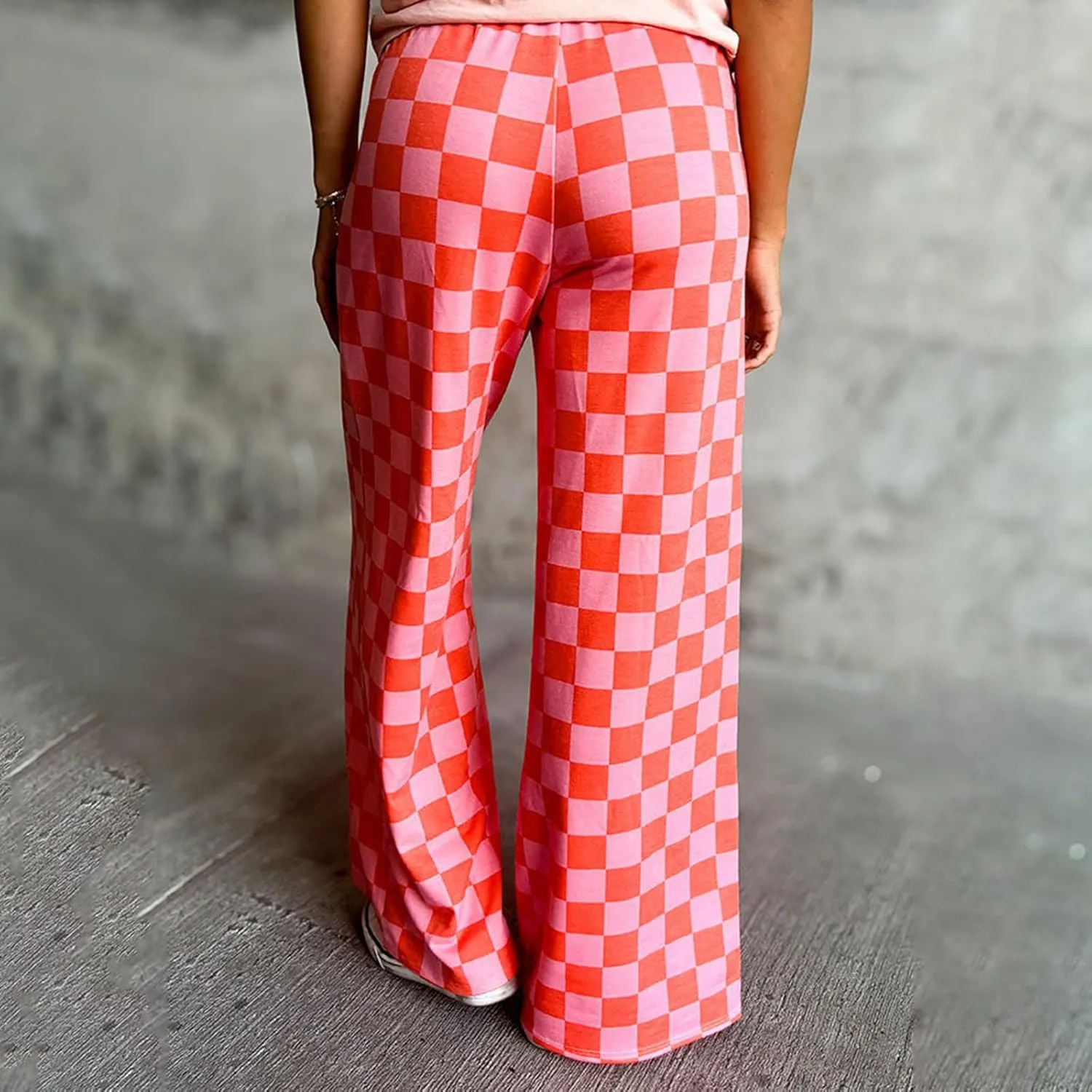 FOMOYUU Womens Gingham Wide Leg Pants Trendy Elastic High Waist Loose Checkerboard Trousers Casual Bottoms Loungewear
