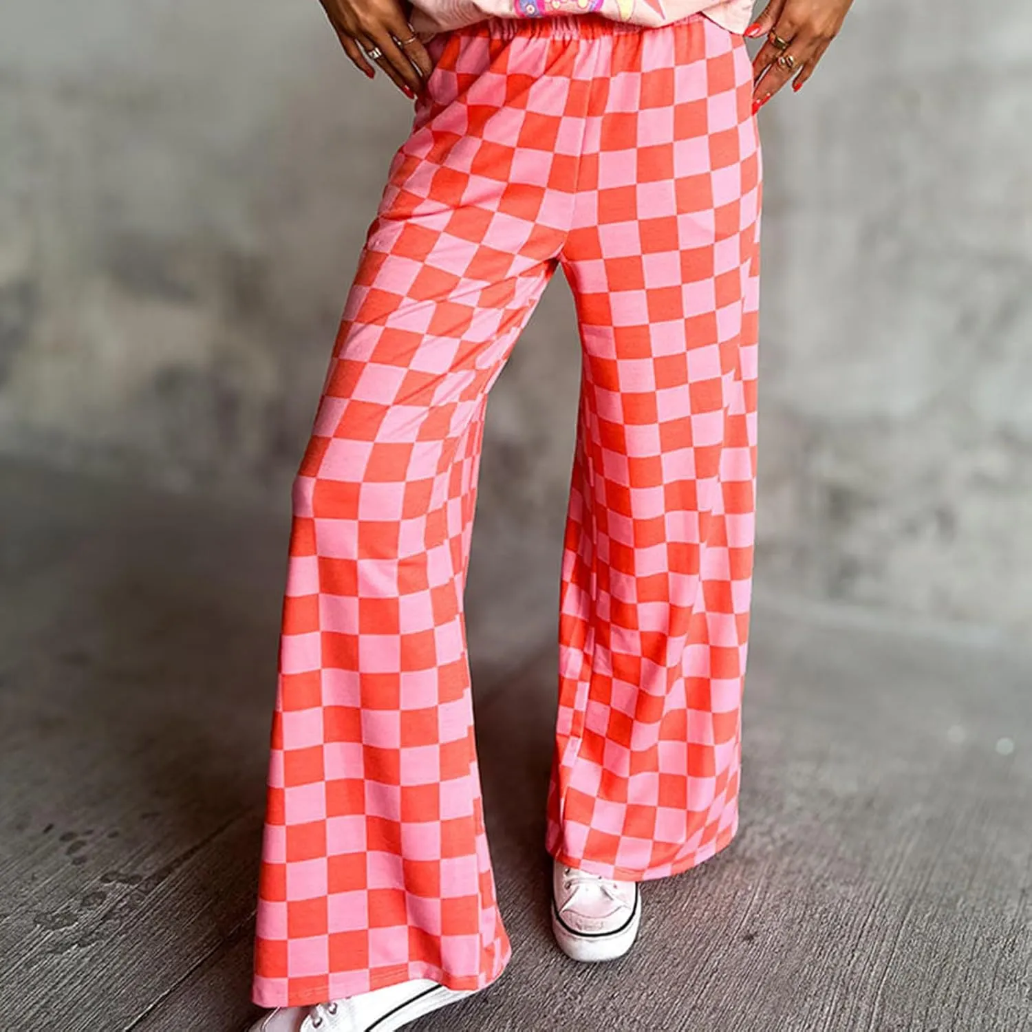FOMOYUU Womens Gingham Wide Leg Pants Trendy Elastic High Waist Loose Checkerboard Trousers Casual Bottoms Loungewear