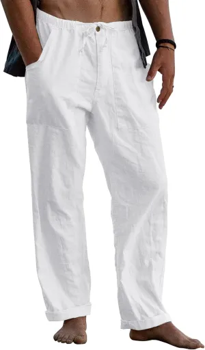 Gafeng Mens Linen Pants Yoga Beach Loose Fit Casual Summer Elastic Waist Drawstring Baggy Trousers with Pockets