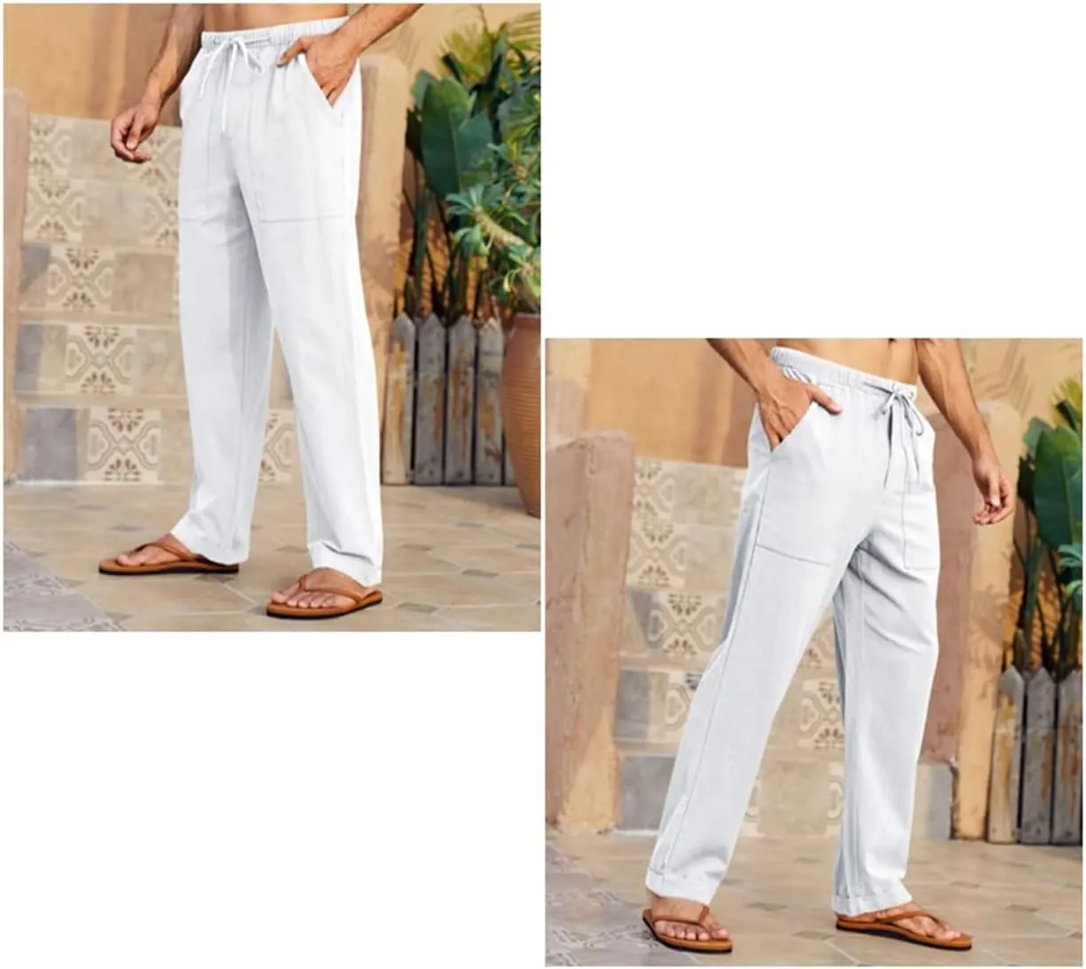 Gafeng Mens Linen Pants Yoga Beach Loose Fit Casual Summer Elastic Waist Drawstring Baggy Trousers with Pockets