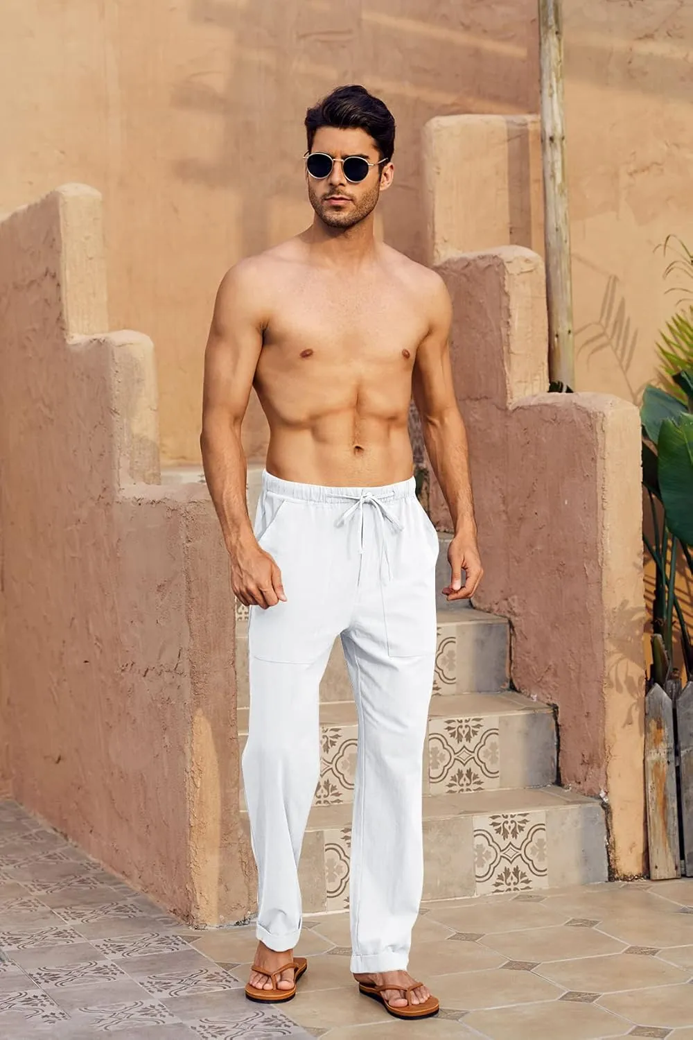 Gafeng Mens Linen Pants Yoga Beach Loose Fit Casual Summer Elastic Waist Drawstring Baggy Trousers with Pockets