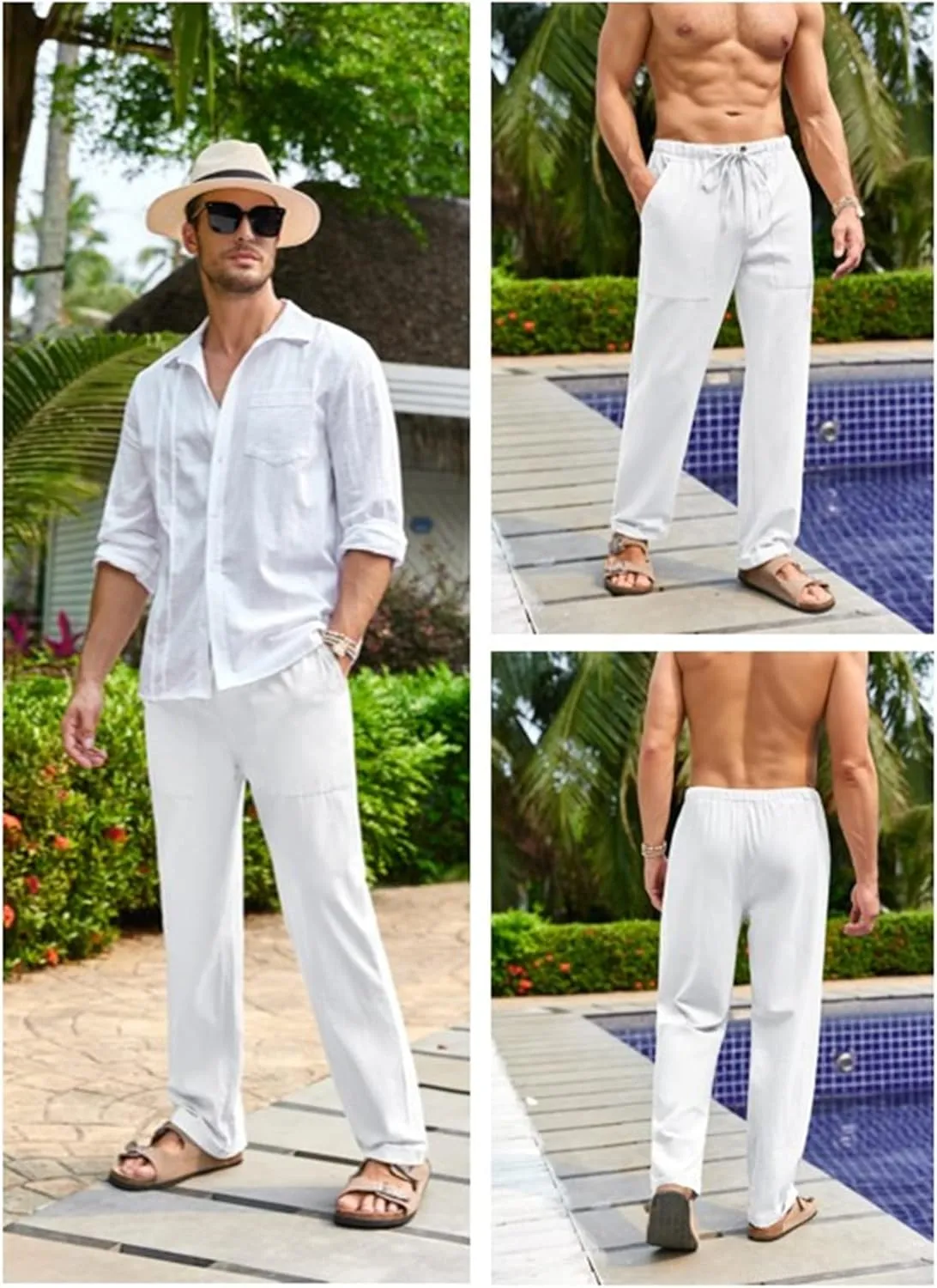 Gafeng Mens Linen Pants Yoga Beach Loose Fit Casual Summer Elastic Waist Drawstring Baggy Trousers with Pockets