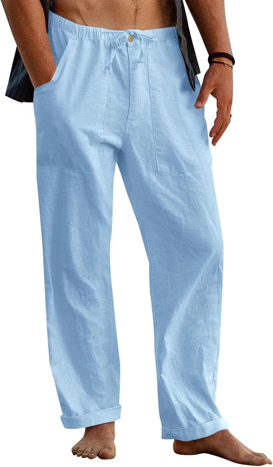 Gafeng Mens Linen Pants Yoga Beach Loose Fit Casual Summer Elastic Waist Drawstring Baggy Trousers with Pockets