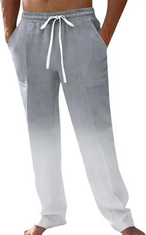 GIERIDUC Men Casual Linen Pants Hippie Drawstring Yoga Pants Elastic Waist Lightweight Trouser Casual Ombre Summer Beach Pant