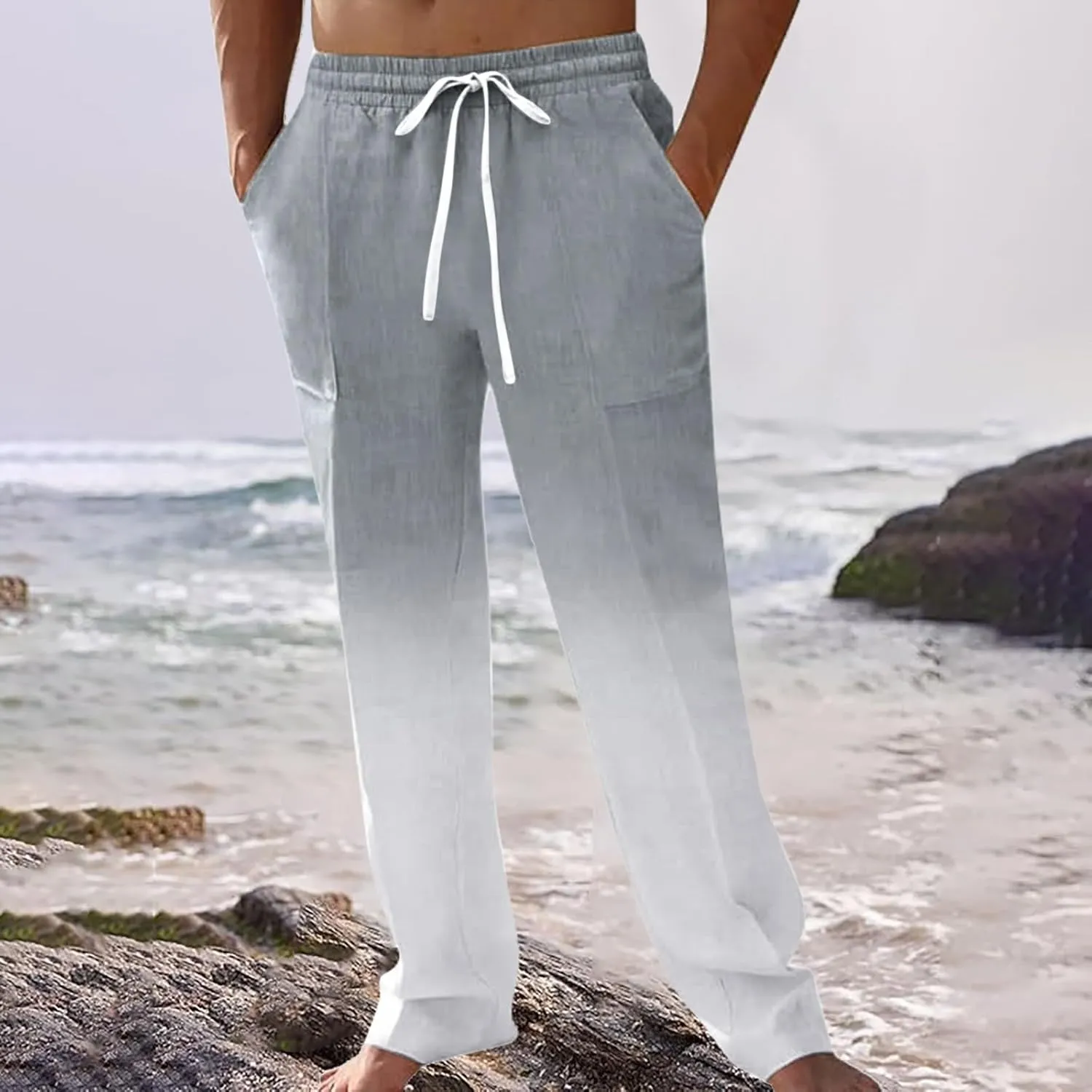 GIERIDUC Men Casual Linen Pants Hippie Drawstring Yoga Pants Elastic Waist Lightweight Trouser Casual Ombre Summer Beach Pant