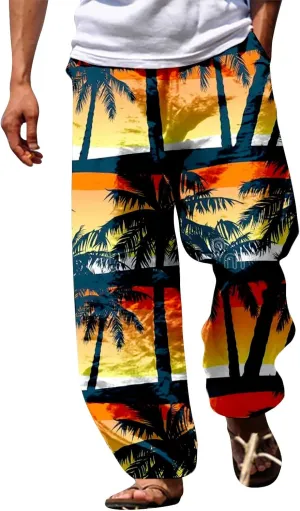 GIERIDUC Mens Casual Linen Pants Loose Fit Elastic Drawstring Waist Straight Leg Hippie Trousers Summer Yoga Beach Long Pants