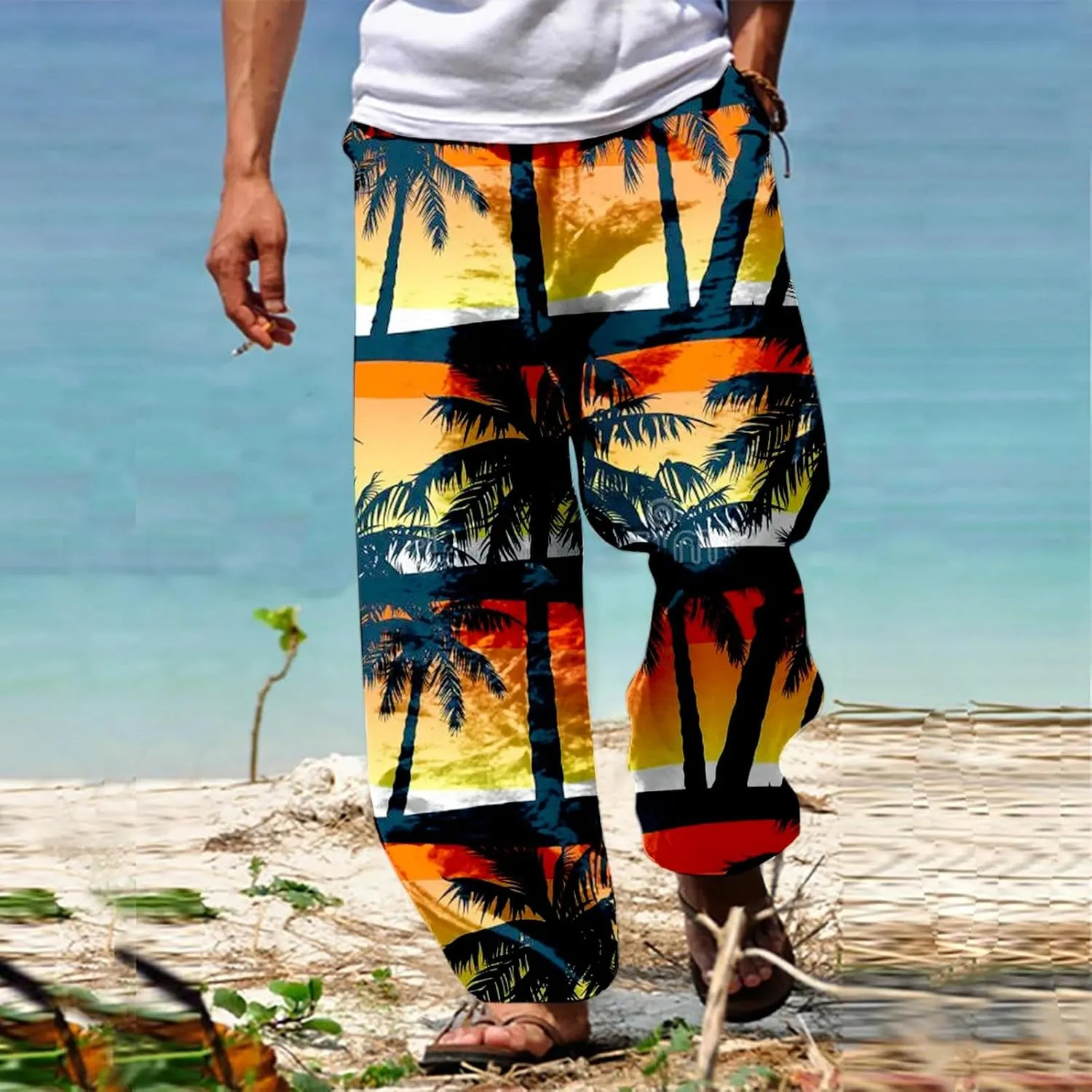 GIERIDUC Mens Casual Linen Pants Loose Fit Elastic Drawstring Waist Straight Leg Hippie Trousers Summer Yoga Beach Long Pants