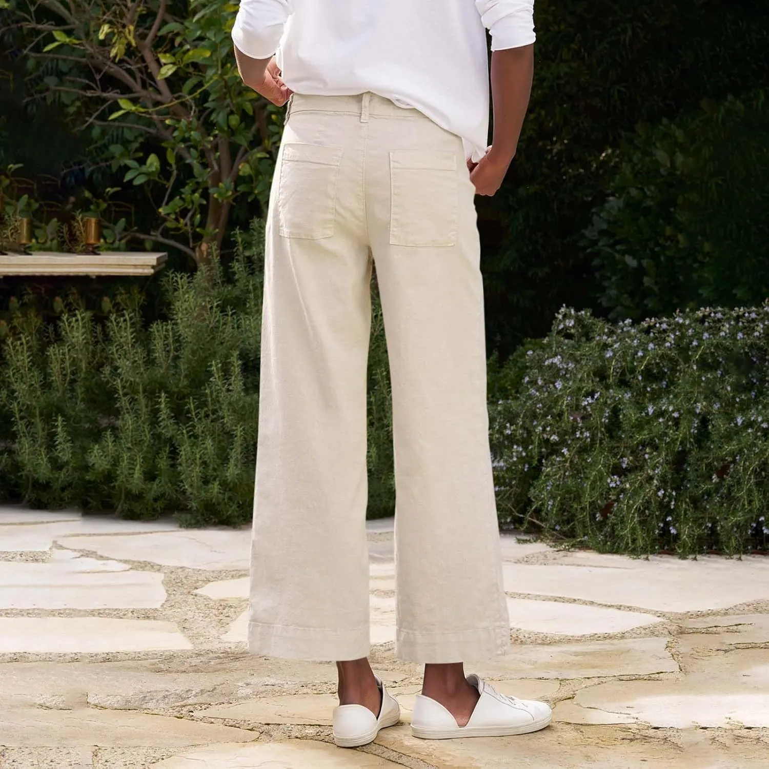 GOFULY Linen Palazzo Pants 2025 Vacation Summer Button Zipper Lounge Pants High Rise with Pocket Elegant Solid Beach Clothes