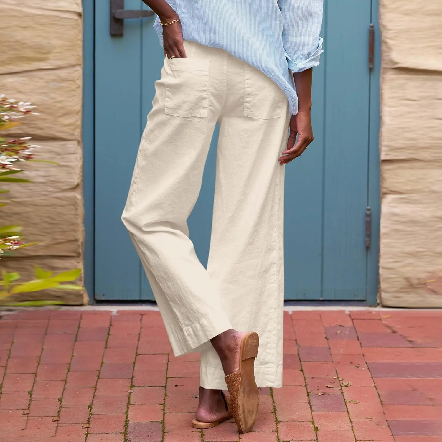 GOFULY Linen Palazzo Pants 2025 Vacation Summer Button Zipper Lounge Pants High Rise with Pocket Elegant Solid Beach Clothes