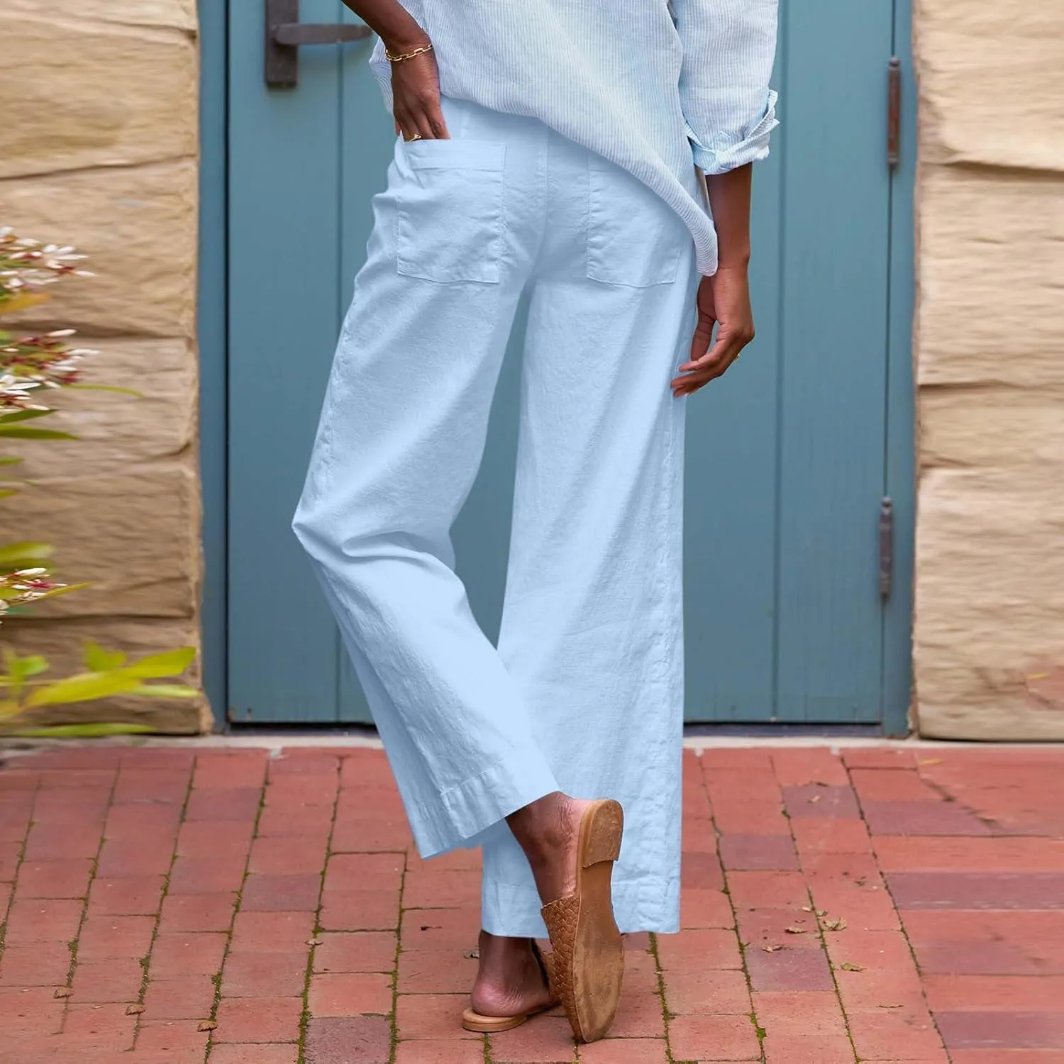 GOFULY Linen Palazzo Pants 2025 Vacation Summer Button Zipper Lounge Pants High Rise with Pocket Elegant Solid Beach Clothes