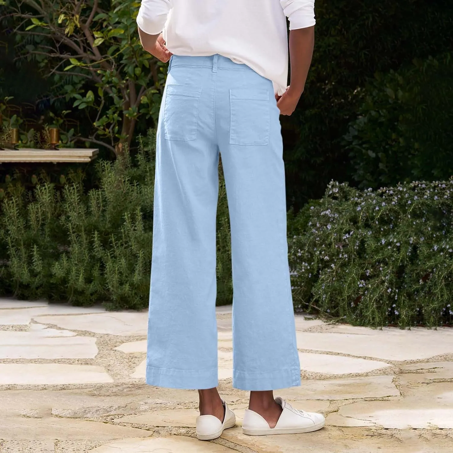 GOFULY Linen Palazzo Pants 2025 Vacation Summer Button Zipper Lounge Pants High Rise with Pocket Elegant Solid Beach Clothes