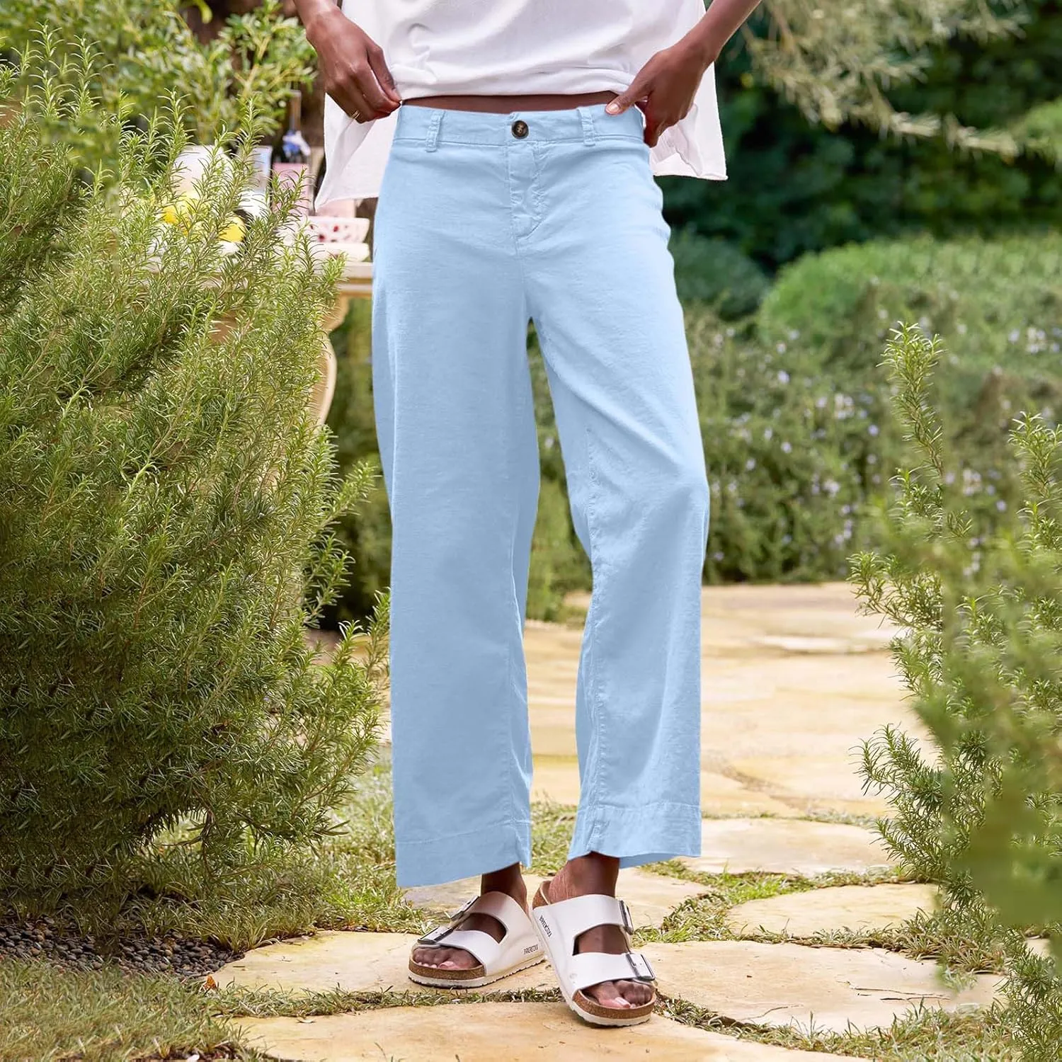 GOFULY Linen Palazzo Pants 2025 Vacation Summer Button Zipper Lounge Pants High Rise with Pocket Elegant Solid Beach Clothes