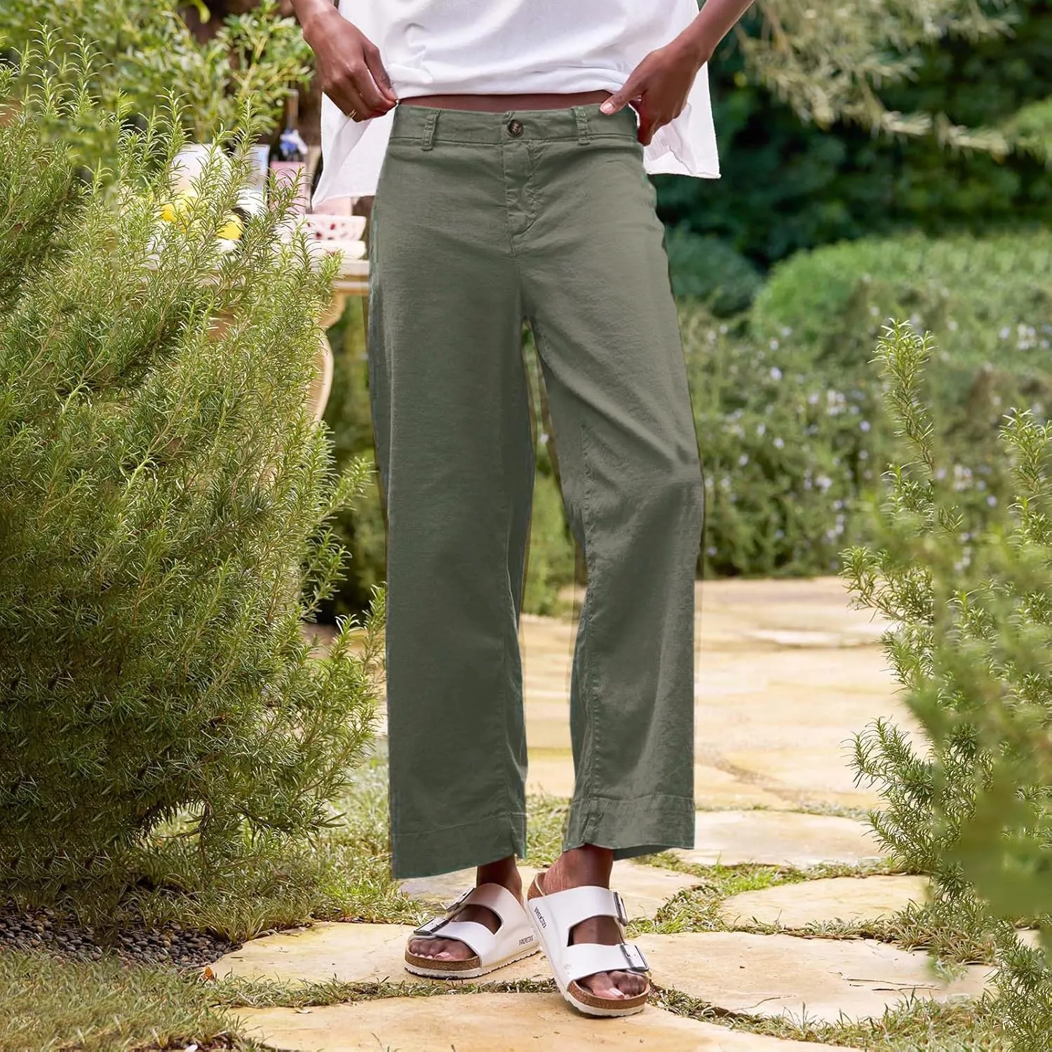 GOFULY Linen Palazzo Pants 2025 Vacation Summer Button Zipper Lounge Pants High Rise with Pocket Elegant Solid Beach Clothes