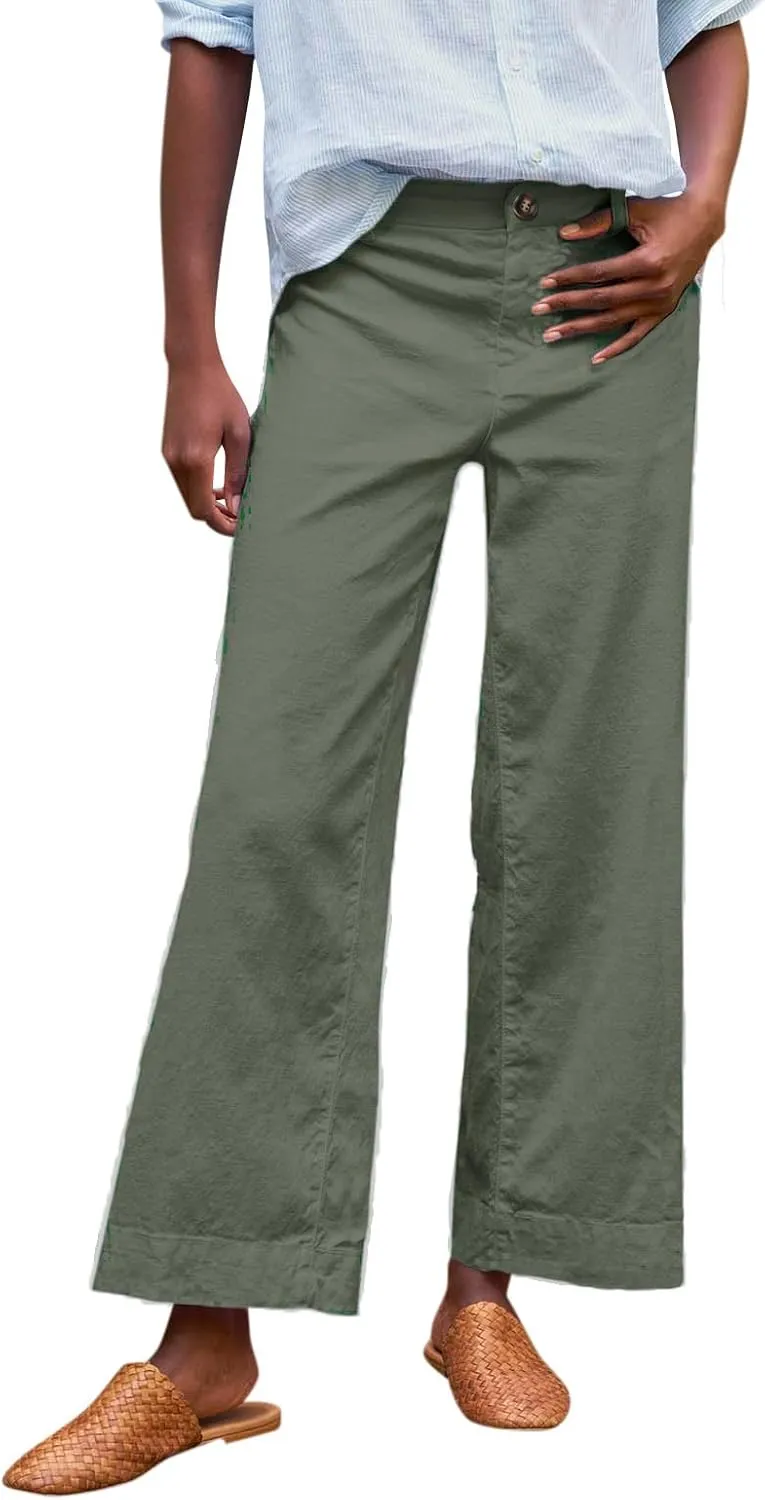 GOFULY Linen Palazzo Pants 2025 Vacation Summer Button Zipper Lounge Pants High Rise with Pocket Elegant Solid Beach Clothes
