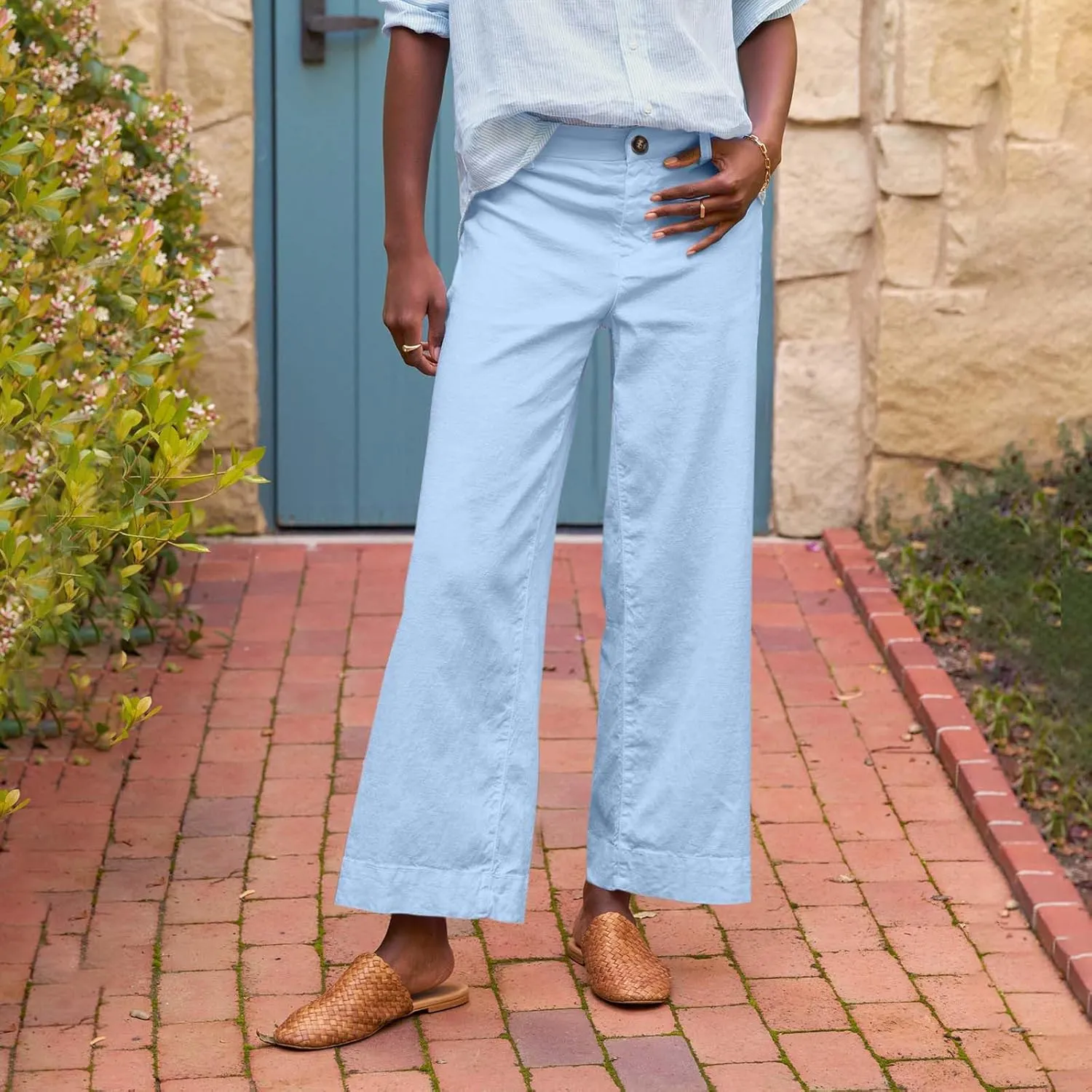 GOFULY Linen Palazzo Pants 2025 Vacation Summer Button Zipper Lounge Pants High Rise with Pocket Elegant Solid Beach Clothes