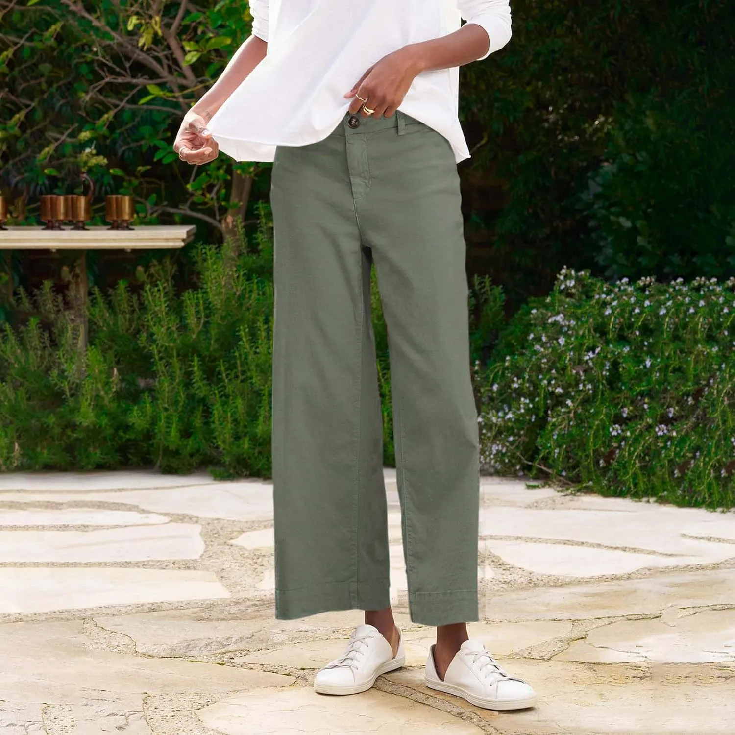 GOFULY Linen Palazzo Pants 2025 Vacation Summer Button Zipper Lounge Pants High Rise with Pocket Elegant Solid Beach Clothes