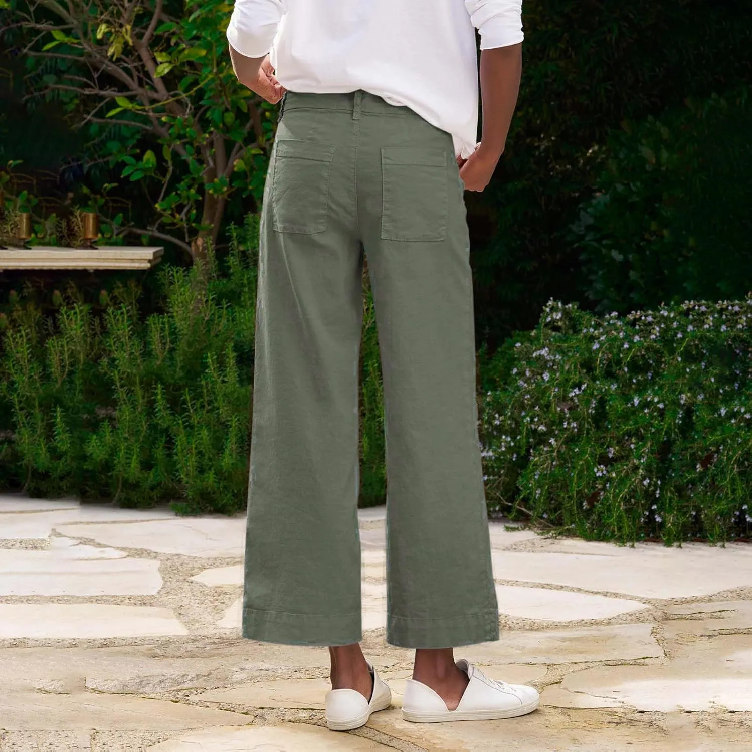 GOFULY Linen Palazzo Pants 2025 Vacation Summer Button Zipper Lounge Pants High Rise with Pocket Elegant Solid Beach Clothes