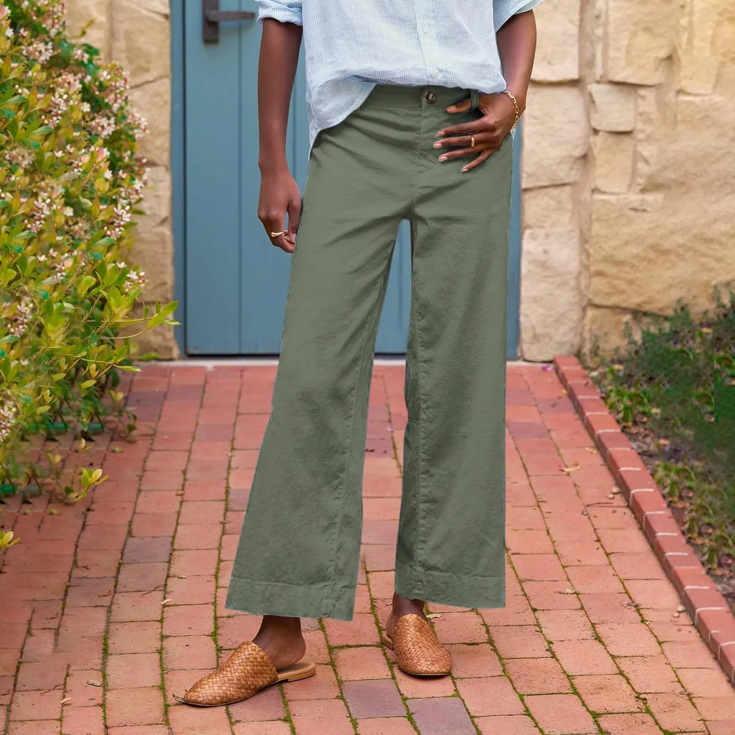 GOFULY Linen Palazzo Pants 2025 Vacation Summer Button Zipper Lounge Pants High Rise with Pocket Elegant Solid Beach Clothes