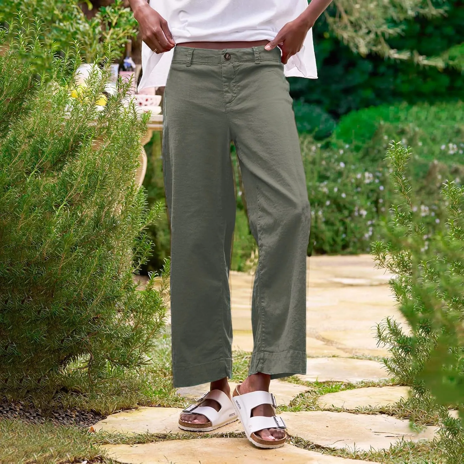 GOFULY Linen Palazzo Pants 2025 Vacation Summer Button Zipper Lounge Pants High Rise with Pocket Elegant Solid Beach Clothes