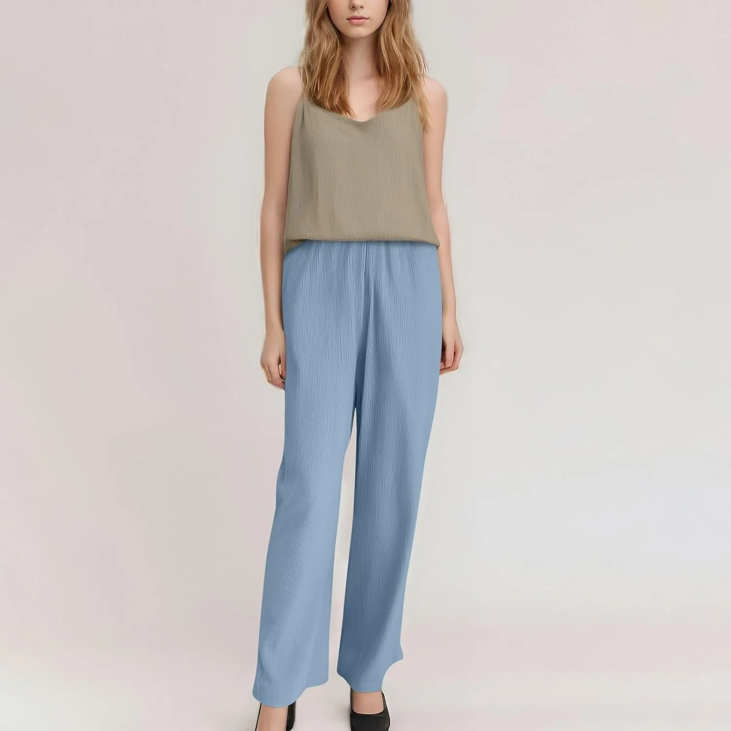 GOFULY Linen Pants Women Wide Leg Beach High Rise Pants Casual Elastic Waist Drawstring Summer 2025 Solid Trouser with Pocket