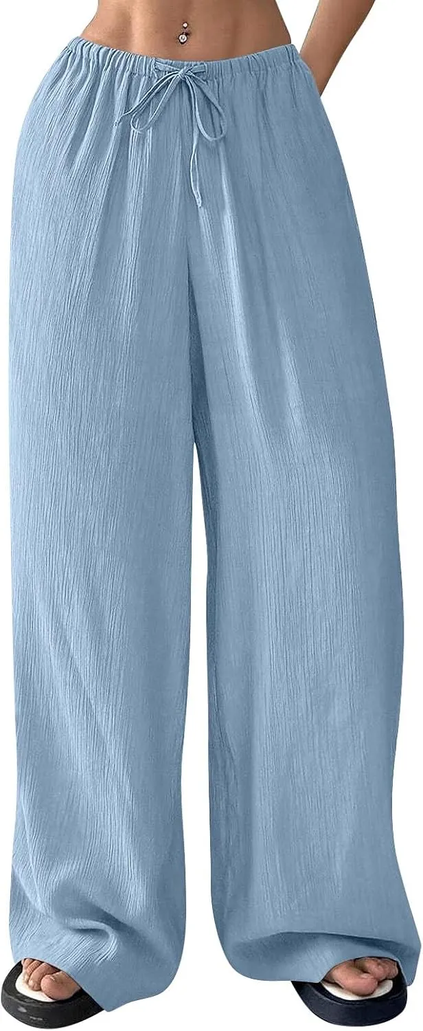 GOFULY Linen Pants Women Wide Leg Beach High Rise Pants Casual Elastic Waist Drawstring Summer 2025 Solid Trouser with Pocket