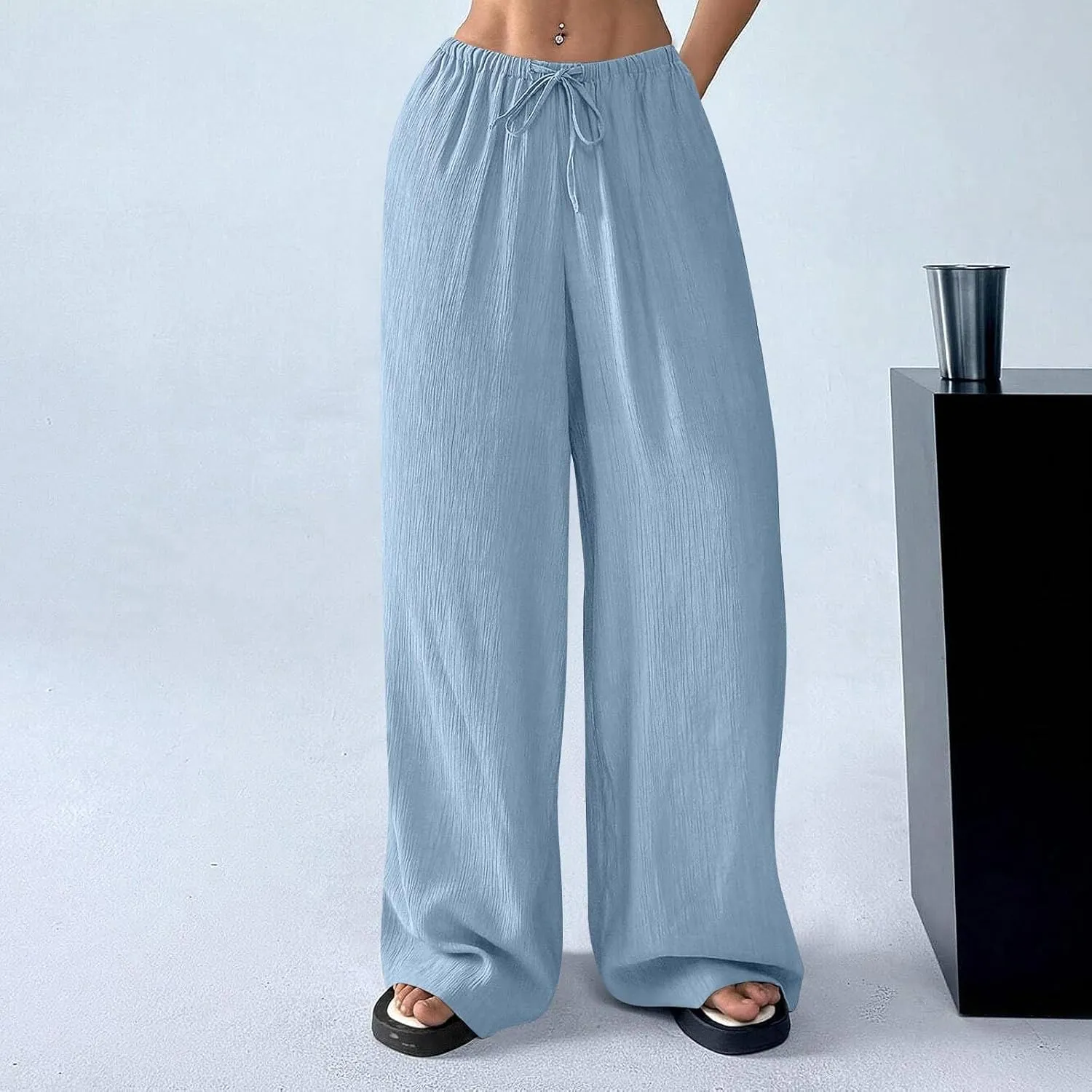 GOFULY Linen Pants Women Wide Leg Beach High Rise Pants Casual Elastic Waist Drawstring Summer 2025 Solid Trouser with Pocket