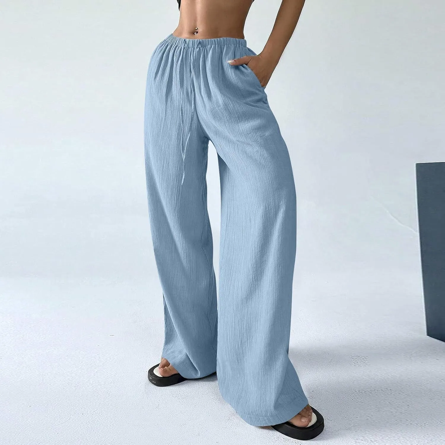 GOFULY Linen Pants Women Wide Leg Beach High Rise Pants Casual Elastic Waist Drawstring Summer 2025 Solid Trouser with Pocket