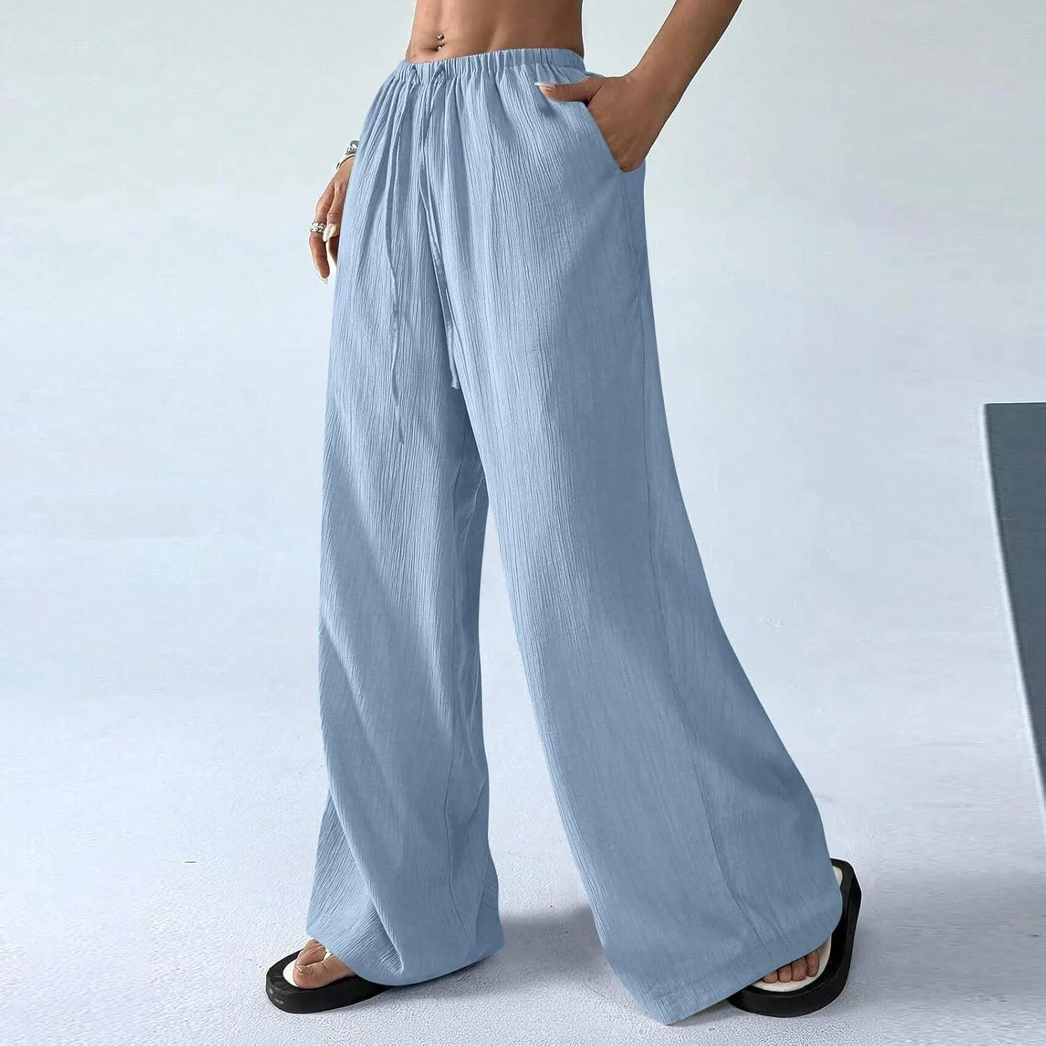 GOFULY Linen Pants Women Wide Leg Beach High Rise Pants Casual Elastic Waist Drawstring Summer 2025 Solid Trouser with Pocket