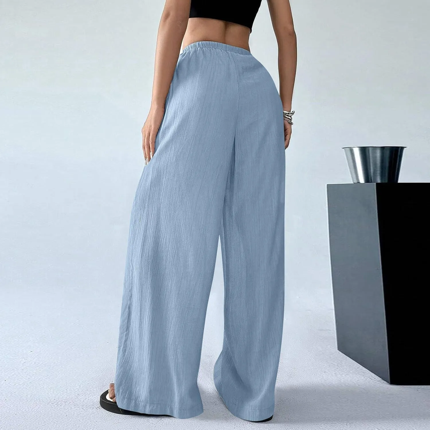 GOFULY Linen Pants Women Wide Leg Beach High Rise Pants Casual Elastic Waist Drawstring Summer 2025 Solid Trouser with Pocket