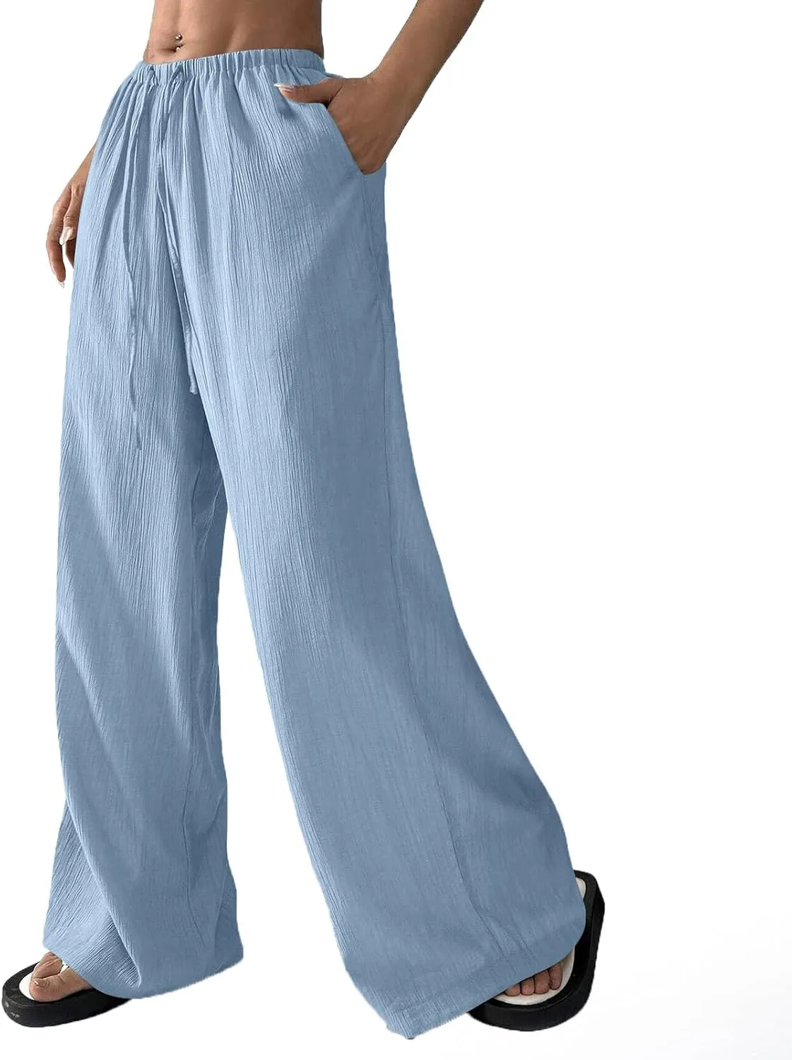 GOFULY Linen Pants Women Wide Leg Beach High Rise Pants Casual Elastic Waist Drawstring Summer 2025 Solid Trouser with Pocket