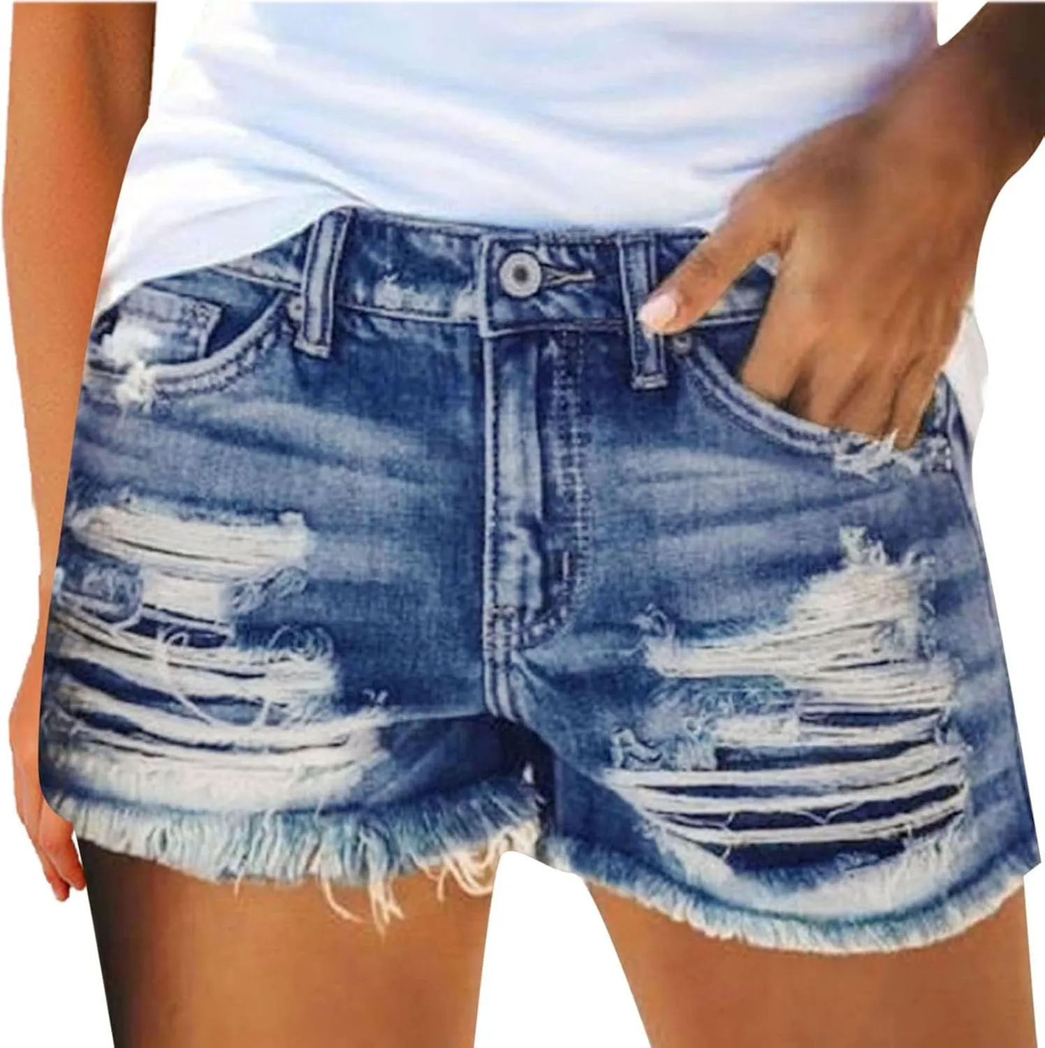 GOKKILRW Womens High Waisted Denim Shorts Casual Ripped Mid Rise Summer Hot Short Jeans Fray Distressed Stretchy Jean Shorts