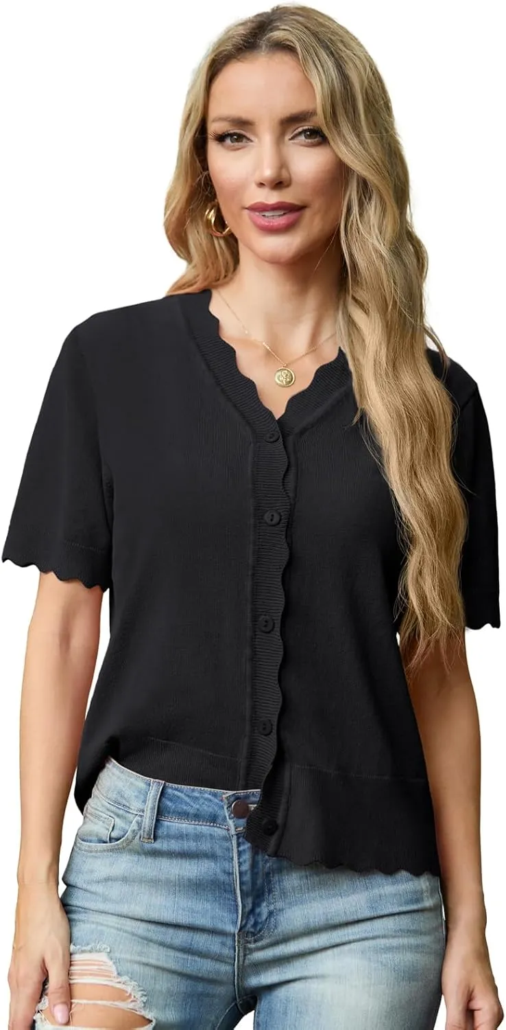 GRECERELLE Womens Summer Lightweight Short Sleeve Cropped Cardigan V-Neck Knit Sweater Shrug for Dressy
