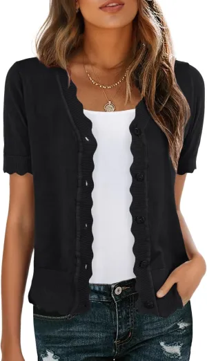 GRECERELLE Womens Summer Lightweight Short Sleeve Cropped Cardigan V-Neck Knit Sweater Shrug for Dressy