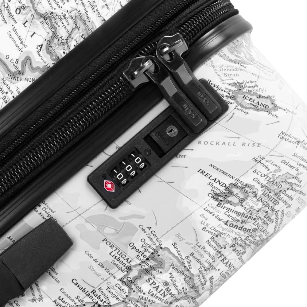 Heys Journey 3G Fashion Spinner, Lightweight and Durable, Expandable with A Glossy Protective Clear Coat, Comfortable Cushioned Grip and Side Handles, Men and Women, Black/White Map, Carry-On 21-Inch