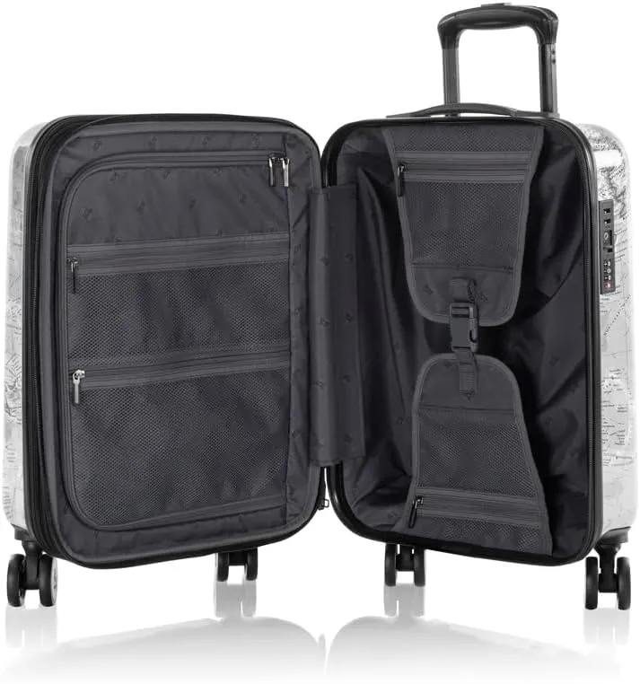 Heys Journey 3G Fashion Spinner, Lightweight and Durable, Expandable with A Glossy Protective Clear Coat, Comfortable Cushioned Grip and Side Handles, Men and Women, Black/White Map, Carry-On 21-Inch