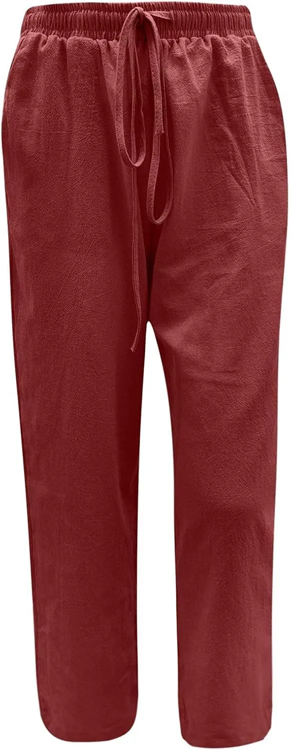 High Waisted Linen Pants Women Summer Drawstring Waist Wide Leg Loose Palazzo Pants Casual Beach Trousers with Pocket