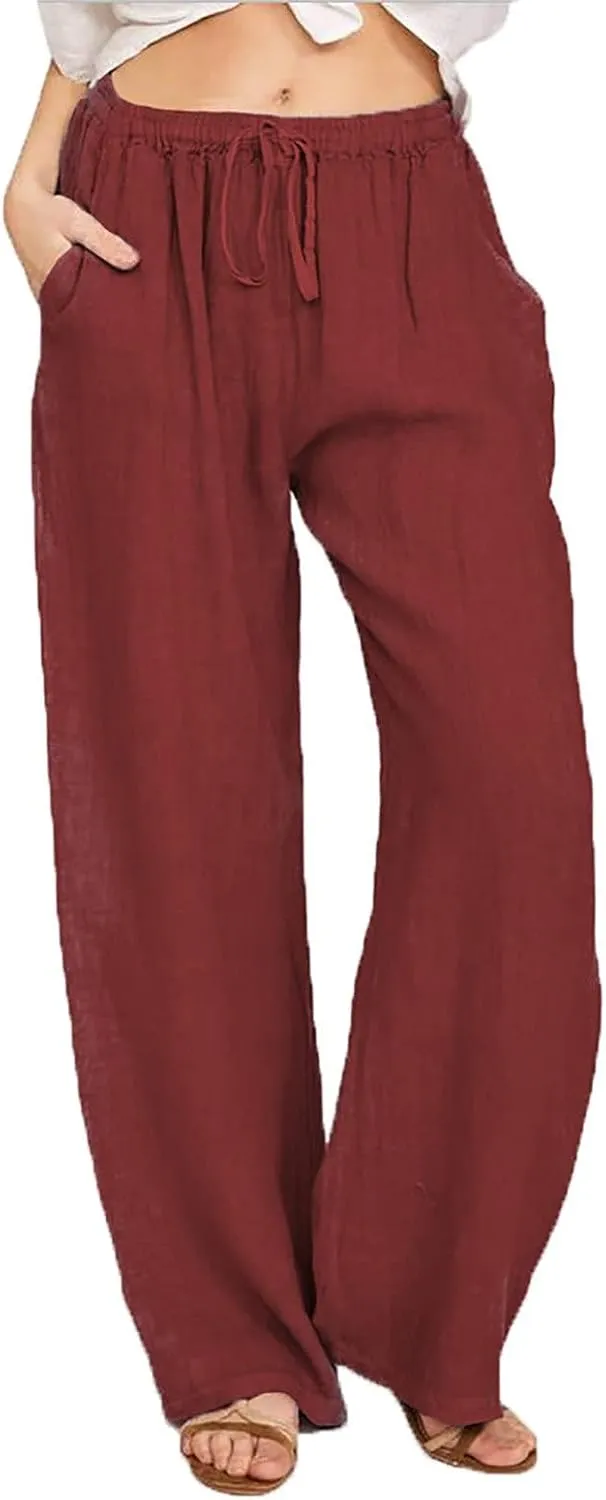 High Waisted Linen Pants Women Summer Drawstring Waist Wide Leg Loose Palazzo Pants Casual Beach Trousers with Pocket
